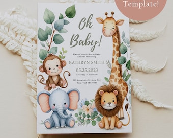 May include: Baby shower invitation with watercolor illustrations of a monkey, elephant, giraffe, and lion. The invitation includes the text "Oh Baby!" and event details, with a customizable template option.