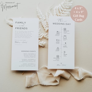 May include: A wedding invitation suite with a white background and black text. The invitation includes a timeline of events for the wedding day, including the ceremony, cocktail hour, dinner, speeches, and dance. The invitation also includes a list of weekend events, including a welcome drink, wedding ceremony, and brunch. The invitation is printed on 4x8 inch and 4x9 inch cards.