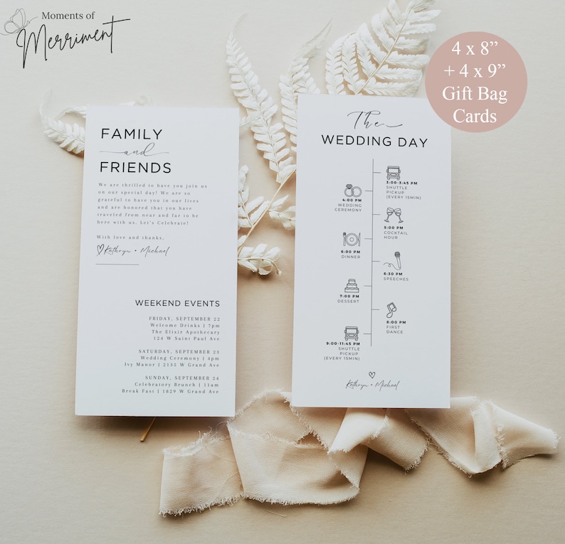 May include: A wedding invitation suite with a white background and black text. The invitation includes a timeline of events for the wedding day, including the ceremony, cocktail hour, dinner, speeches, and dance. The invitation also includes a list of weekend events, including a welcome drink, wedding ceremony, and brunch. The invitation is printed on 4x8 inch and 4x9 inch cards.