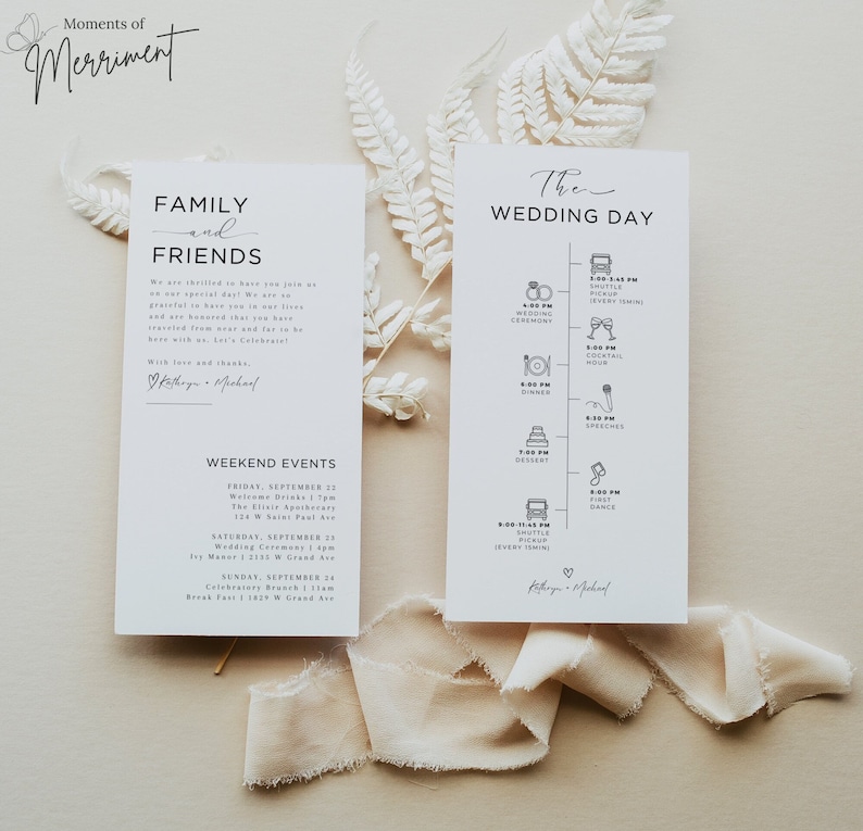 May include: A wedding invitation suite with a white background and black text. The top card says "Family and Friends" and includes a welcome message. The bottom card lists the wedding day schedule with icons for each event. The text includes the names "Kathryn & Michael".
