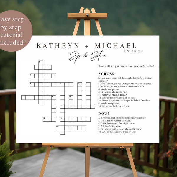 DIY Wedding Crossword | Modern Sip & Solve Crossword | Large Sip And Solve Poster | Custom Wedding Reception Game | Cocktail Hour Crossword