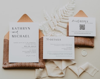 May include: A wedding invitation suite with a brown envelope, white cardstock, and a white fern. The invitation reads "Kathryn and Michael" and includes the date "09.23.2023". The details card includes the venue "Ivy Manor" and the address "2131 W Grand Avenue, Chicago, Illinois". The RSVP card includes a QR code and the website "www.kathrynandmichael2023.com".