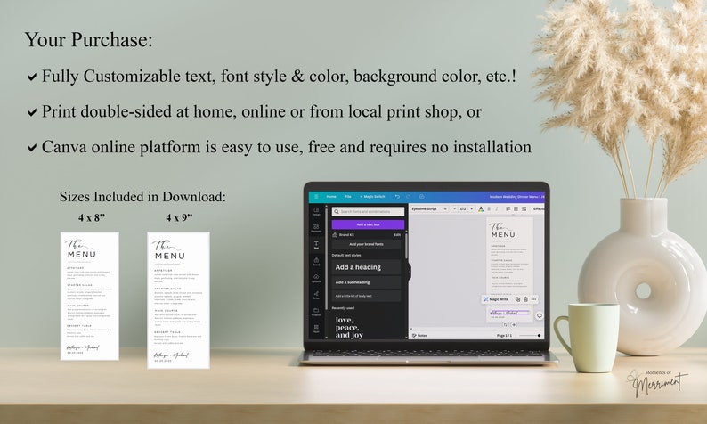 DIY Wedding Menu Template | Reception Dinner Card | Modern Script ...