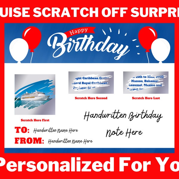 Surprise Cruise / Red and Blue Birthday Gift Cruise Scratch Off Ticket / Royal Caribbean, Carnival Cruise, Norwegian Cruise and More!