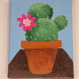 Pink Flower Cactus Original Painting - Stretched Canvas