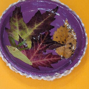 Hand Painted Jewelry Trinket Dish with Real Autumn leaves - Purple