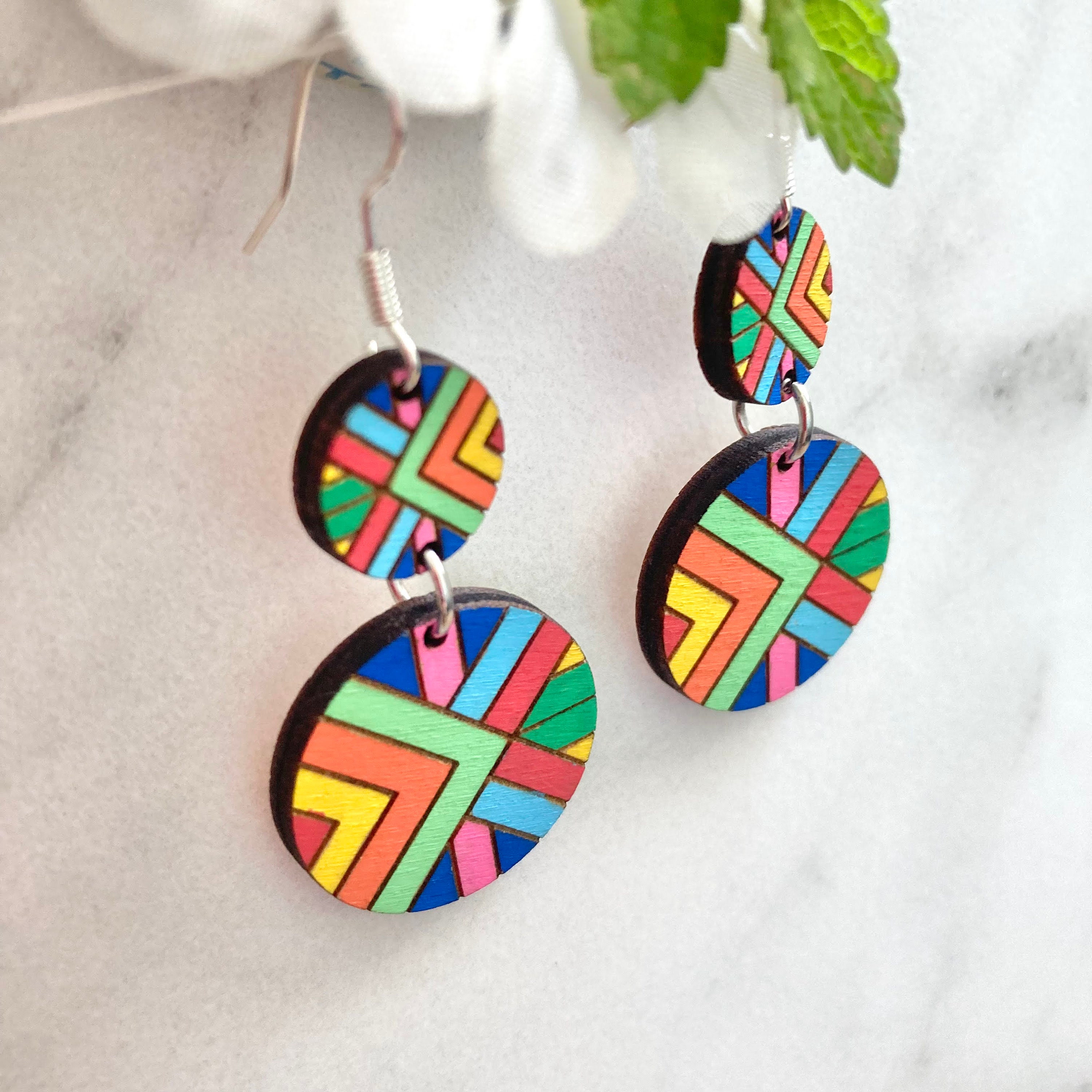 Geometric Pattern Wood Earrings, Vibrant Dangle Circles, Hand