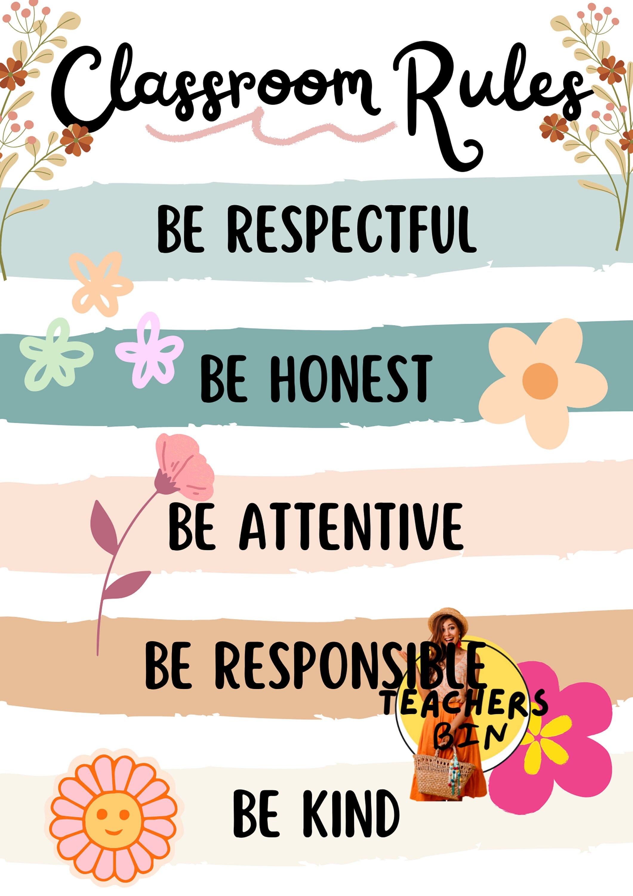Classroom Rules Pastel Floral Poster for Word Teachers Bin Etsy
