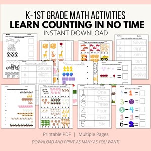 May include: A printable PDF worksheet set for kindergarten and first grade students to learn counting. The worksheets feature various activities, including counting objects, tracing numbers, and writing number words. The worksheets are designed to help children develop their math skills and learn to count from 1 to 12.