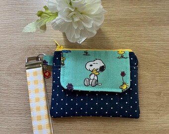 Handmade - Quilted zipper pouch with pocket on polkadot fabric