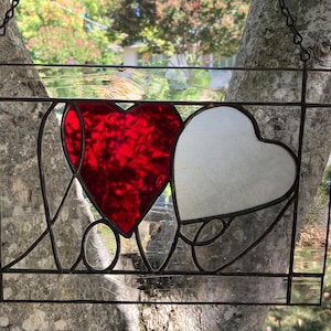 Two Hearts One Love/Stained Glass Panel/Beautiful Window Decoration/Suncatcher is Unique and Handmade/ Wedding or Anniversary  Free Shipping