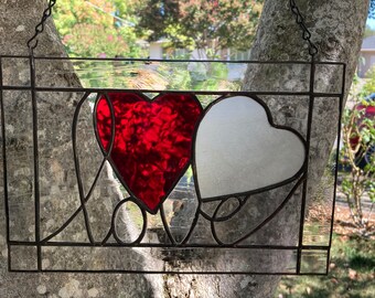 Two Hearts Stained Glass Panel: Handmade Anniversary Window