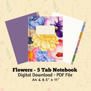 Flowers - 5 Tab Digital Notebook | Notepad | Subject | Project | Instant Download