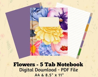 Flowers - 5 Tab Digital Notebook | Notepad | Subject | Project | Instant Download