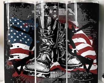 May include: A black and red American flag with a pair of black military boots and a rifle on a grunge background. The boots are facing each other with the laces tied. The flag is in the background and is slightly faded. The design is perfect for a tumbler or mug.