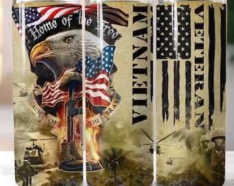 May include: A set of three 20 oz stainless steel tumblers with a patriotic theme. The first tumbler features an eagle with the words "Home of the Free, Cause of the Brave". The second tumbler has the word "Vietnam" and the third tumbler has the words "Vietnam Veteran" with an American flag design.