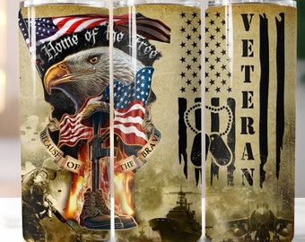 May include: Three stainless steel tumblers with a patriotic theme. The first tumbler features an eagle with a rifle, a fallen soldier's boots, and the text "Home of the Free Because of the Brave". The second tumbler features a red, white, and blue American flag with stars. The third tumbler features a black and white American flag with the word "Veteran" written vertically.