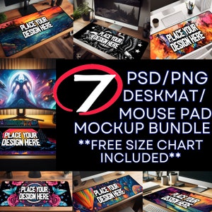 Könnte beinhalten: Ein Set mit 7 Mockups für Schreibtischmatten oder Mauspads im PSD- und PNG-Format. Die Mockups zeigen verschiedene Designs und werden auf verschiedenen Oberflächen angezeigt, darunter Holztische und Computermonitore. Der Text "PLACE YOUR DESIGN HERE" wird auf jedem Mockup angezeigt. Der Text "PSD/PNG DESKMAT/MOUSE PAD MOCKUP BUNDLE **FREE SIZE CHART INCLUDED**" wird ebenfalls angezeigt.