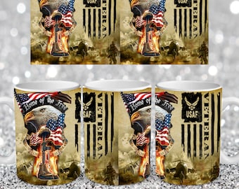 May include: White ceramic mug with a design featuring an eagle holding an American flag, a rifle, and the words "Home of the Free" and "Because of the Brave". The mug also has the words "USAF" and "Veteran" printed on it.