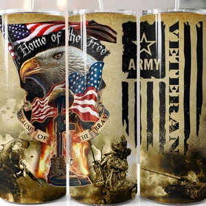 May include: A set of three stainless steel tumblers with a patriotic theme. The tumblers feature an American flag, an eagle, and the words "Home of the Free, Because of the Brave". The third tumbler features a black and white American flag with the words "Veteran Army".