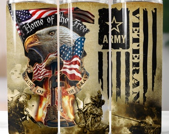 May include: A set of three stainless steel tumblers with a patriotic theme. The tumblers feature an American flag, an eagle, and the words "Home of the Free, Because of the Brave". The third tumbler features a black and white American flag with the words "Veteran Army".
