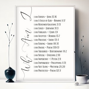 May include: A white framed print with black text that reads "Who Am I" in a stylized font. The text continues with a list of phrases about self-worth and identity, each followed by a Bible verse reference.