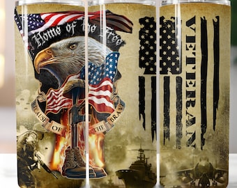 May include: A set of three stainless steel tumblers with a patriotic theme. The tumblers feature an American flag, an eagle, a soldier, and the words "Home of the Free, Because of the Brave, Veteran".