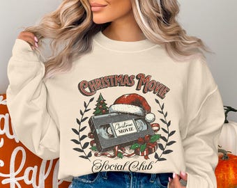 Christmas Movie Social Club Vintage Graphic Tee, Holiday VHS Tape Santa Hat Shirt, Retro Christmas Tree Gift Sweatshirt
