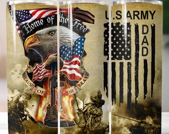 May include: A set of three stainless steel tumblers with patriotic designs. The first tumbler features an eagle with a US flag, the second tumbler features a US flag with the text "Home of the Free Because of the Brave", and the third tumbler features a US flag with the text "U.S. Army Dad".