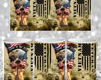 May include: Three white ceramic mugs with a design featuring an American bald eagle with a US flag, a soldier, and the text "Home of the Free, Cause of the Brave, Vietnam Veteran".
