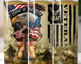 May include: Three stainless steel tumblers with patriotic designs. The first tumbler features an eagle with an American flag, the second tumbler features an American flag with the words "Home of the Free Because of the Brave", and the third tumbler features an American flag with the words "Veteran" and "USAF".