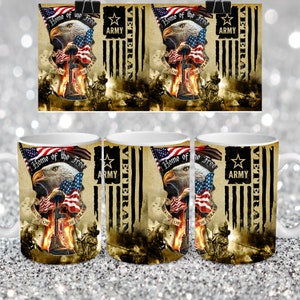 May include: Four white ceramic mugs with a design featuring an American bald eagle holding an American flag with the text "Home of the Free" and "Because of the Brave" on the front. The design also includes a military tank and the text "Army Veteran".