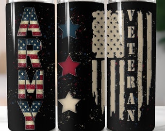 May include: Three stainless steel tumblers with a black background and a distressed American flag design. The first tumbler has the word "ARMY" in white letters with a red, white, and blue American flag pattern. The second tumbler has a distressed American flag design with red, white, and blue stars. The third tumbler has the word "VETERAN" in white letters with a distressed American flag design.