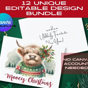 Mooey Highland Kuh Weihnachtskarte Canva Bundle mit 12 einzigartigen festlichen Designs für Weihnachtsgrüße und freudige Wünsche an Familie und Freunde