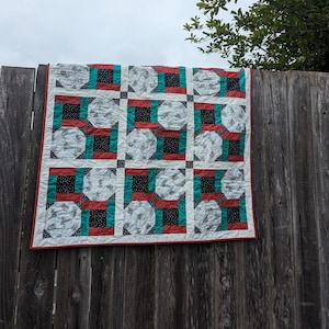 Handmade Sloth Baby Quilt: Teal, Red & Black/White Cotton Blanket