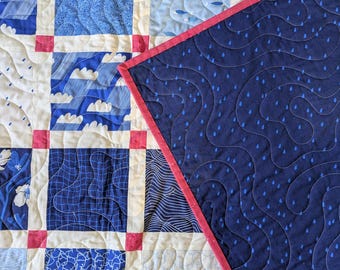Handmade Throw Quilt: Ruby Star Society Water Fabric, Blue & Pink