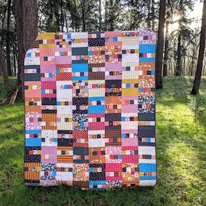 Puede incluir: Un edredón de retazos colorido con un borde negro, exhibido al aire libre. El edredón presenta un patrón de cuadrícula de bloques rectangulares en varios colores y patrones, incluyendo estampados rosas, azules, amarillos y florales. El edredón se muestra sobre hierba verde con árboles en el fondo.