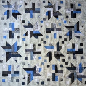 Handmade Throw Quilt / Quilted Throw Blanket / Blue, Gray and Black White Quilt