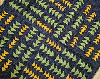 Handmade Throw Quilt / Flying Geese Quilted Blanket / Quilted Lap Blanket / Green, Yellow and Black Quilt
