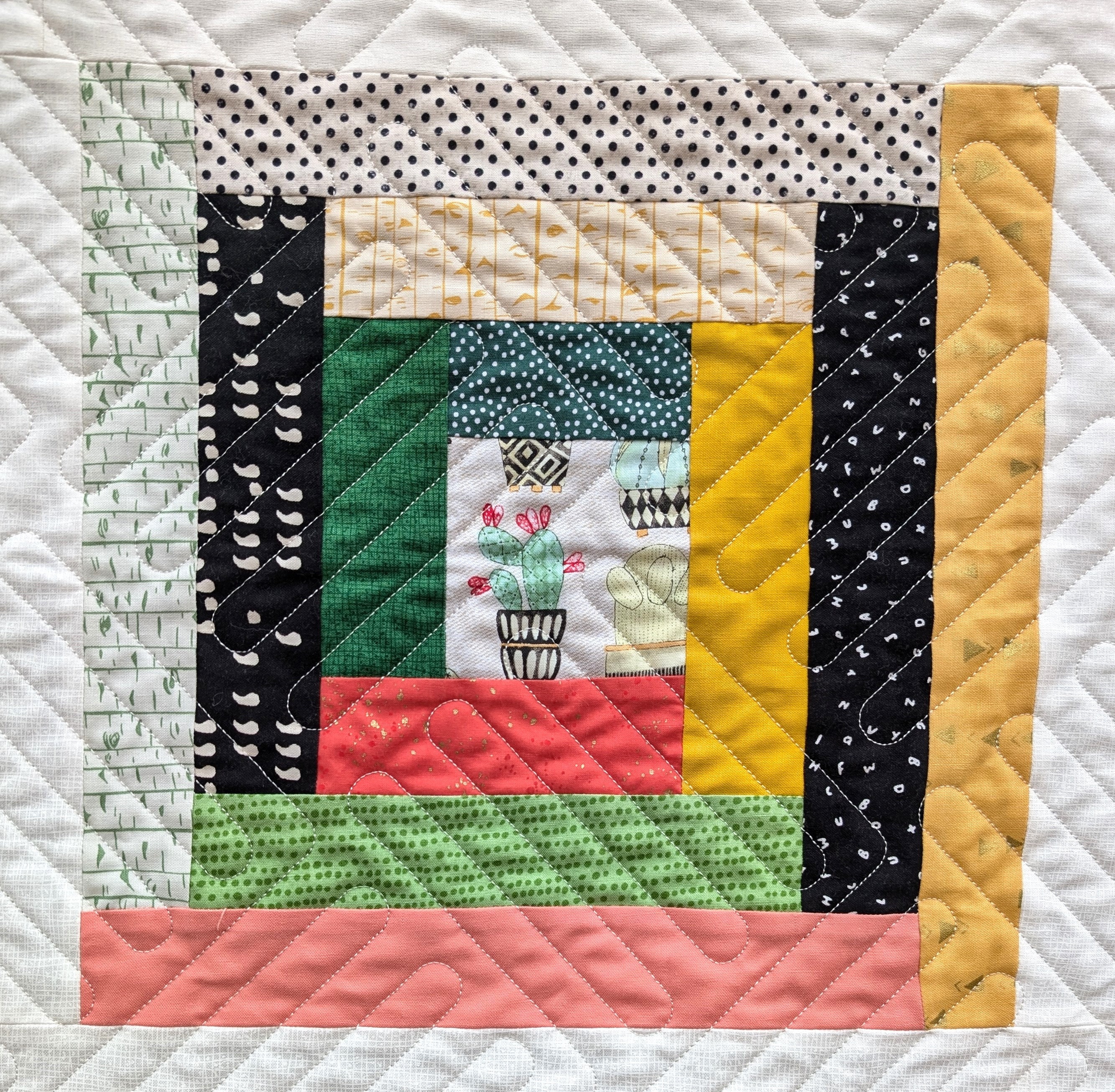 Handmade Scrappy Log Cabin Throw Quilt: Cactus Print, Modern Lap Quilt ...
