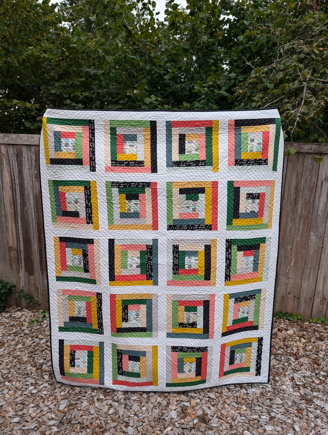 Handmade Scrappy Log Cabin Throw Quilt: Cactus Print, Modern Lap Quilt ...