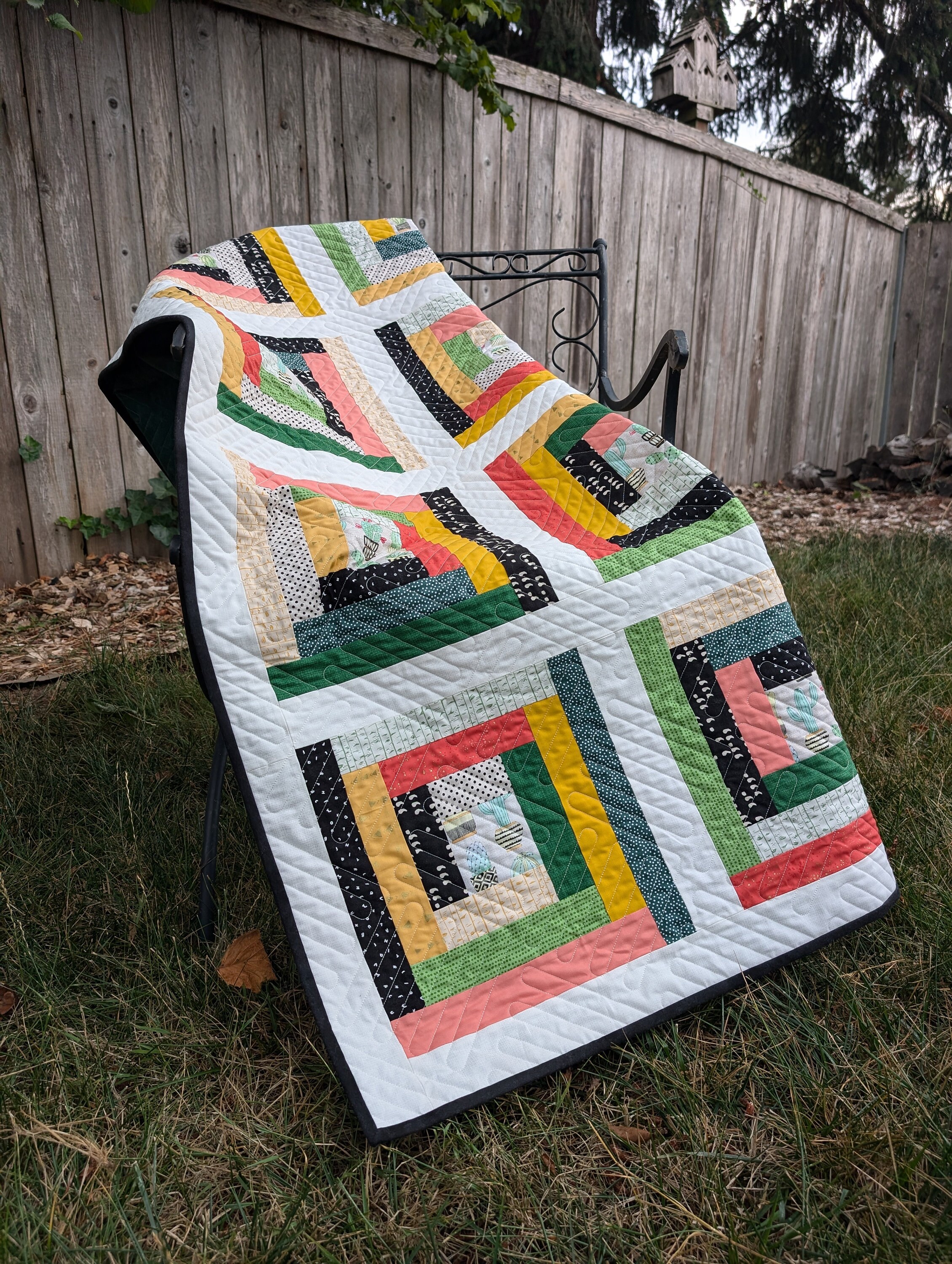 Handmade Scrappy Log Cabin Throw Quilt: Cactus Print, Modern Lap Quilt ...