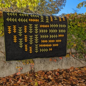 Handmade Throw Quilt / Flying Geese Quilted Blanket / Quilted Lap Blanket / Green, Yellow and Black Quilt