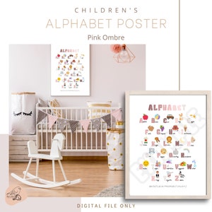 Rosa Kinderalphabet Poster - Lernwerkzeug und dekorativer Raumdruck (digitale Datei)