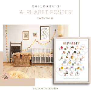 Cartel del alfabeto infantil Earth Tones - Herramienta de aprendizaje e impresión decorativa de la habitación (archivo digital)