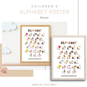 Braunes Kinderalphabet Poster - Lernwerkzeug und dekorativer Raumdruck (digitale Datei)