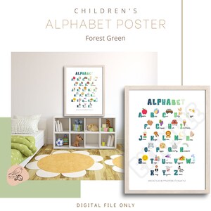 Waldgrünes Kinderalphabet Poster - Lernwerkzeug und dekorativer Raumdruck (digitale Datei)