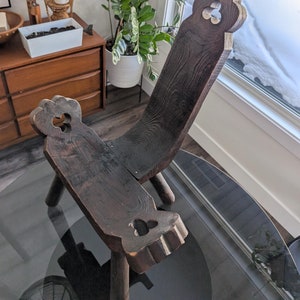 Brutalist Carved vintage Tripod Stool Chair