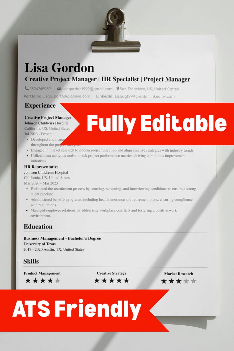 Professional ATS Friendly Resume Canva Template | Classic Modern CV ...