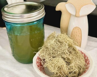 May include: A blue-tinted glass jar with a silver lid, filled with green liquid, sits next to a small white bowl filled with dried moss. A ceramic fox-shaped vase holds a green stem. The items are arranged on a white surface.